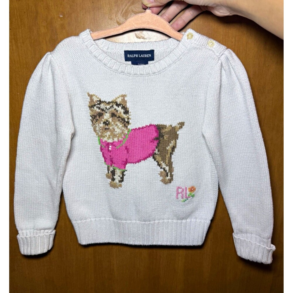 Ralph Lauren Yorkie Sweater 24M White Intarsia Knit Dog Puffed Shoulder Toddler